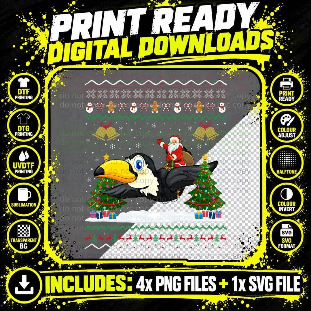 Funny Toucan Lover Ugly Santa Riding Toucan Christmas Png SVG Digital Bundle
