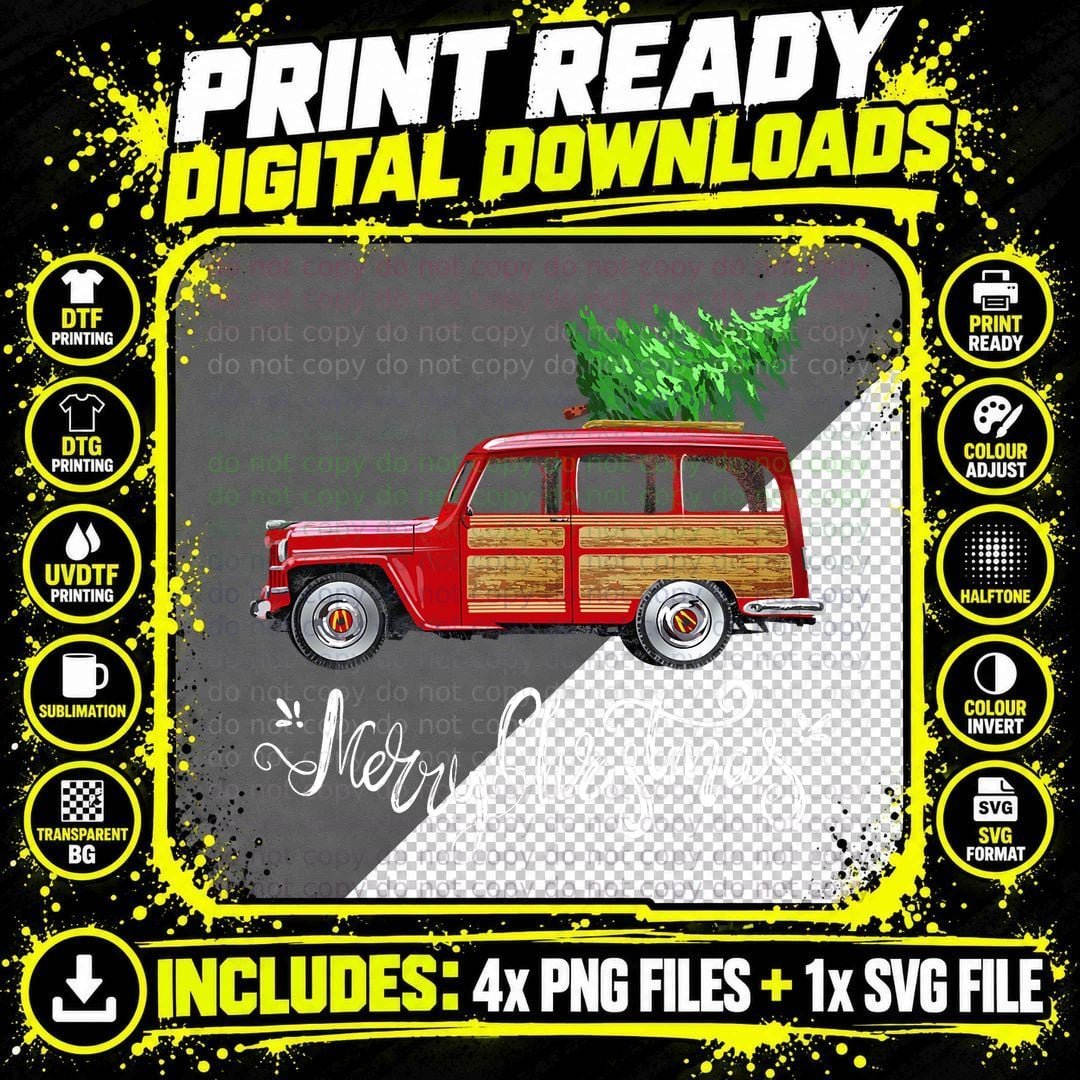 Funny Vintage Merry Christmas Tree Red Wagon Truck Png SVG Digital Bundle
