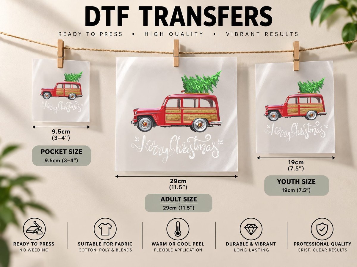 Funny Vintage Merry Christmas Tree Red Wagon Truck Outfit DTF Transfer Iron On