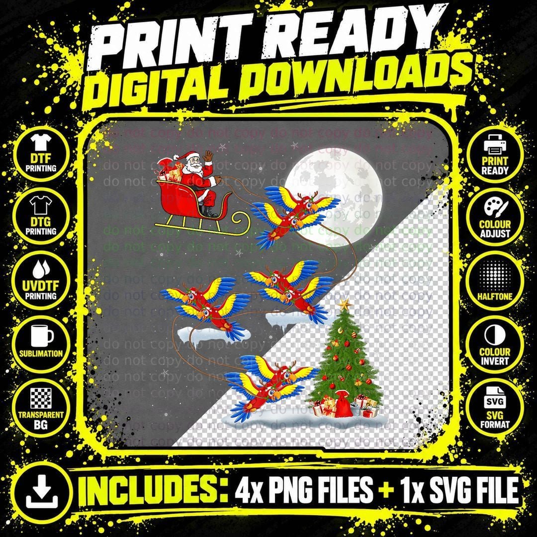 Funny Xmas Lighting Tree Santa Riding Macaw Christmas Png SVG Digital Bundle