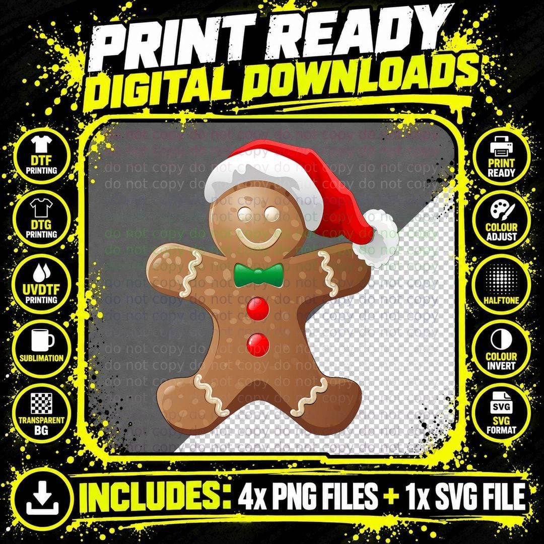 Gingerbread Man Cookie with Santa Claus Hat Christmas Png SVG Digital Bundle