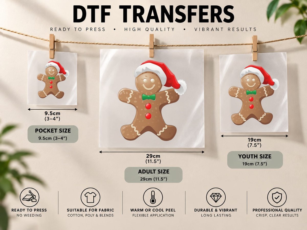 Gingerbread Man Cookie with Santa Claus Hat Christmas DTF Transfer Iron On