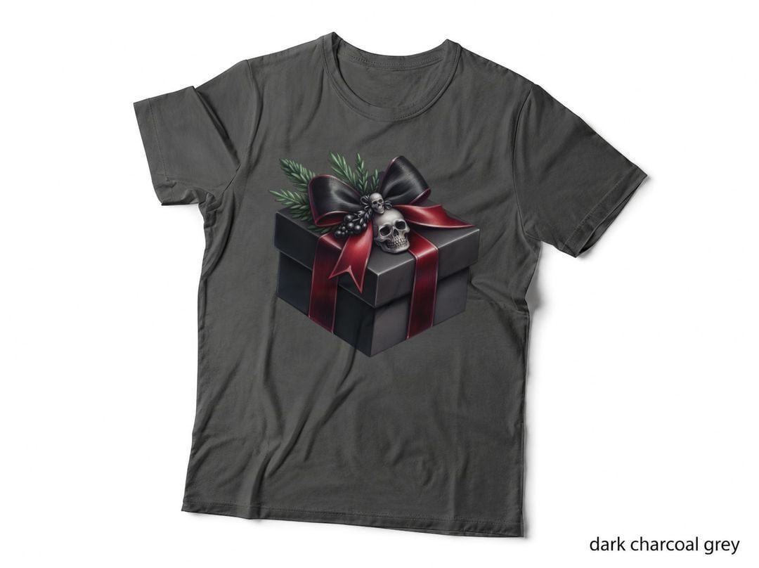 Gothic Christmas Gift Box Skull Black Red Dark Holiday T-Shirt