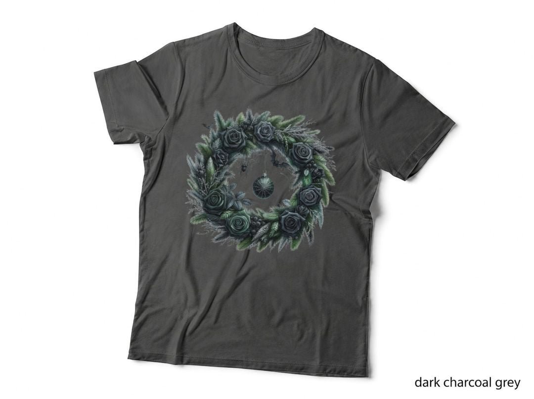 Gothic Christmas Wreath Black Roses Spider Bat Dark Holiday T-Shirt