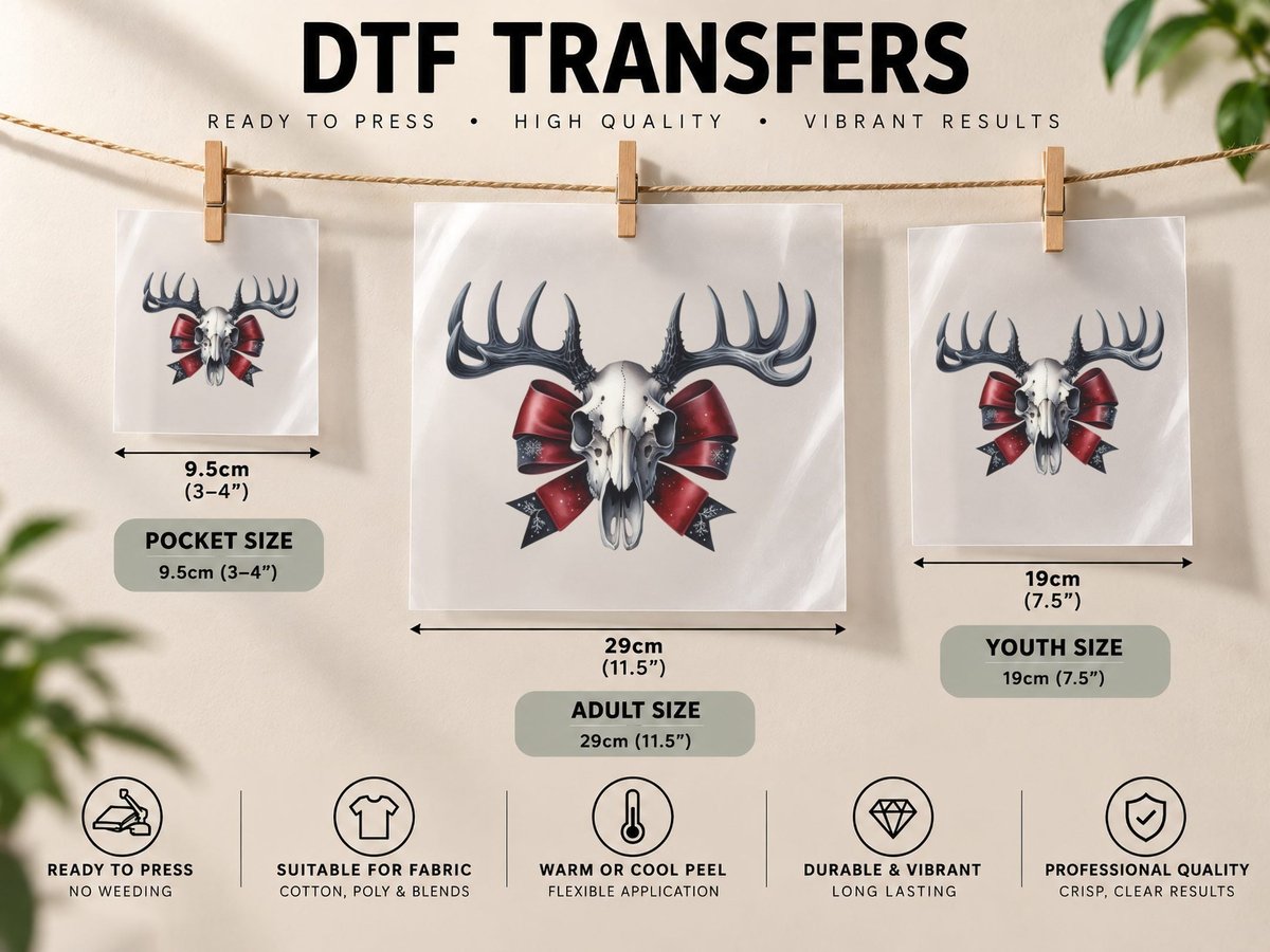 Gothic Deer Skull Red Bow Antlers Dark Christmas Macabre DTF Transfer Iron On