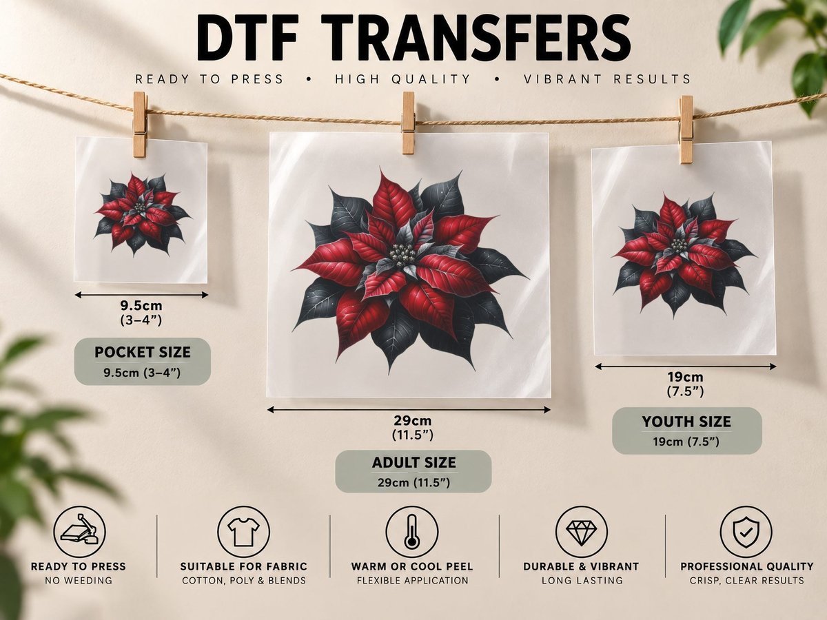 Gothic Poinsettia Black Red Dark Christmas Flower Holiday DTF Transfer Iron On