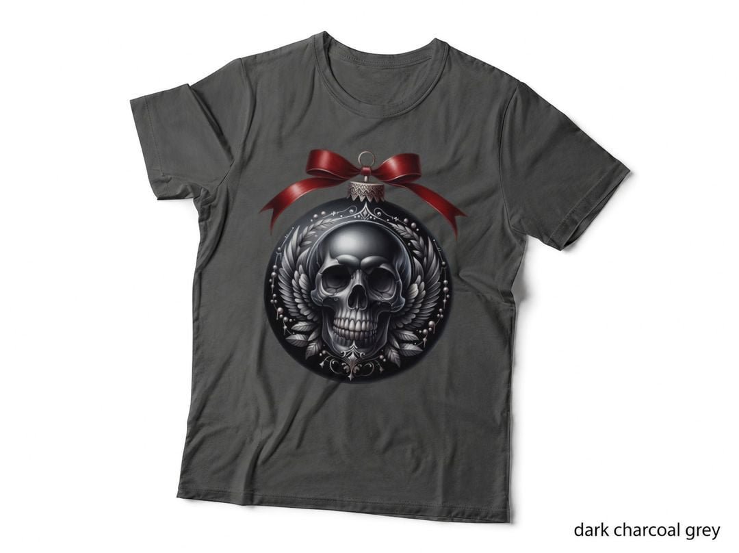 Gothic Skull Christmas Ornament Red Bow Dark Wings Holiday T-Shirt