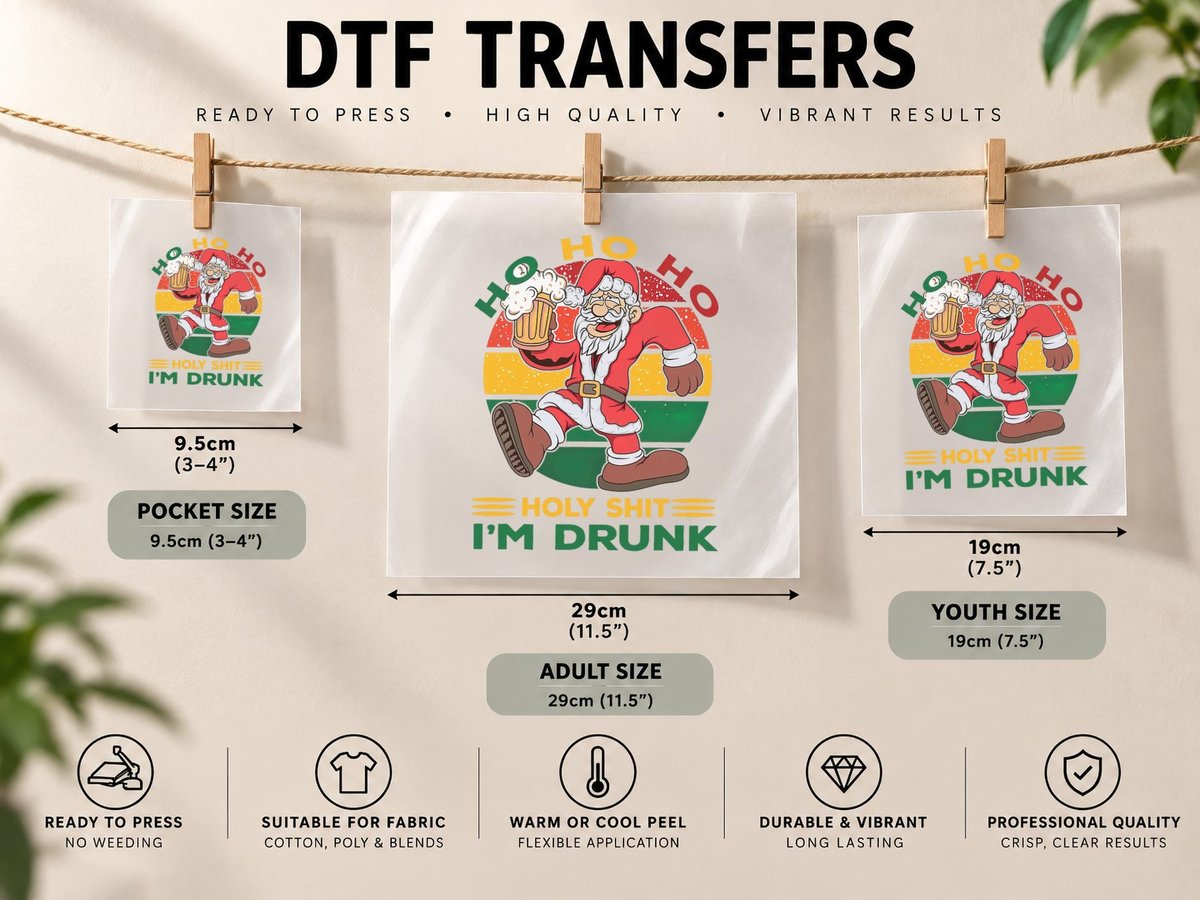 Ho Ho Ho Holy Shit I'm Drunk Santa Sunset Design DTF Transfer Iron On