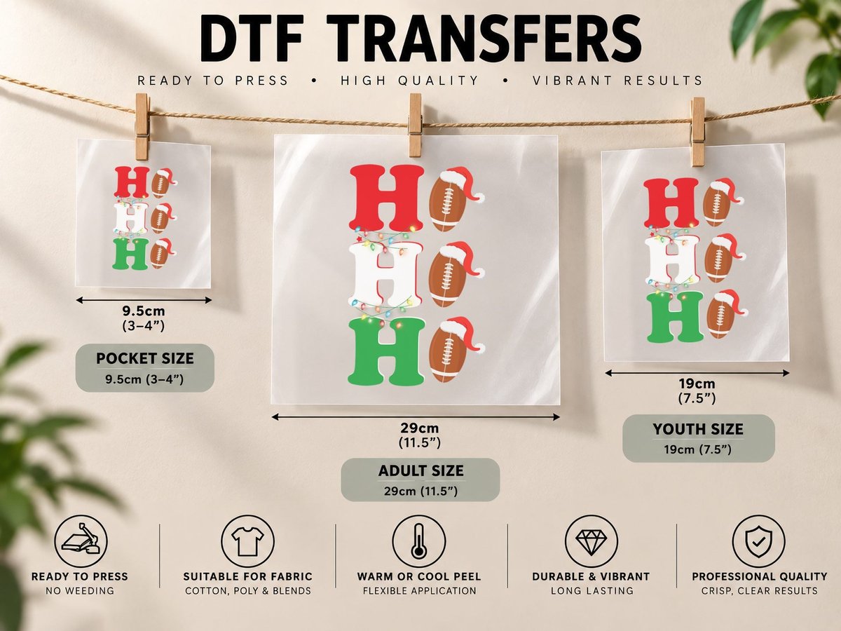 Ho Ho Ho Santa Hat American Football Funny Christmas Light DTF Transfer Iron On