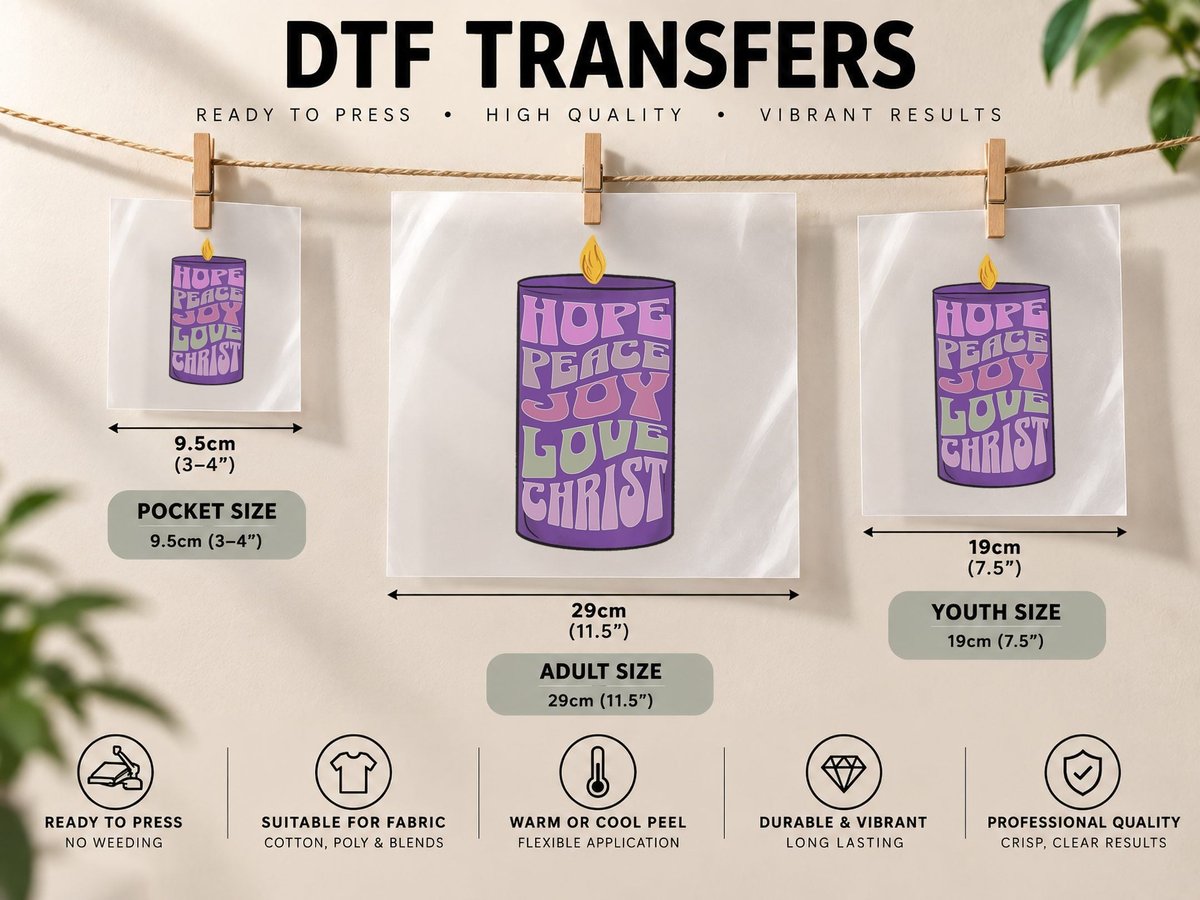 Hope, Peace, Joy, Love, Christ Advent Christmas Candle DTF Transfer Iron On