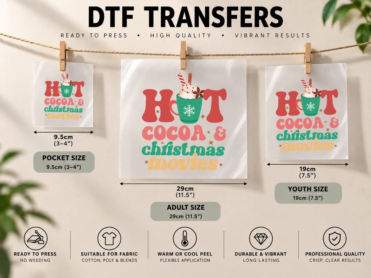 Hot Cocoa and Christmas Movie Retro Vintage Christmas DTF Transfer Iron On