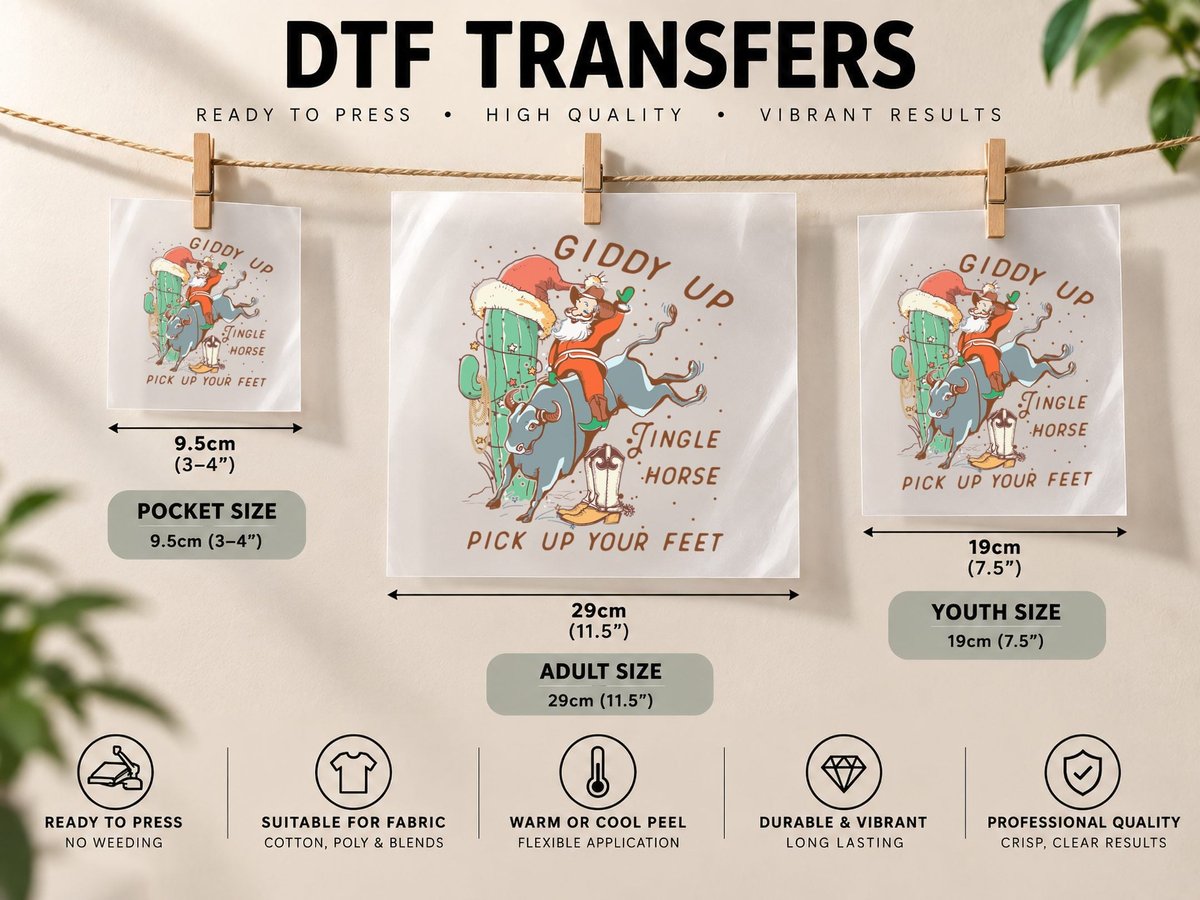 Howdy Cowboy Santa, Giddy-Up Jingle Horse Pick up Your Feet DTF Transfer Iron On