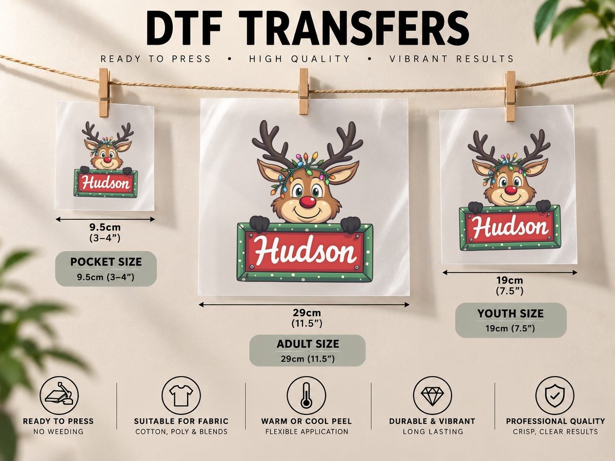 Hudson Custom Reindeer Peeking Christmas Kids Lights DTF Transfer Iron On