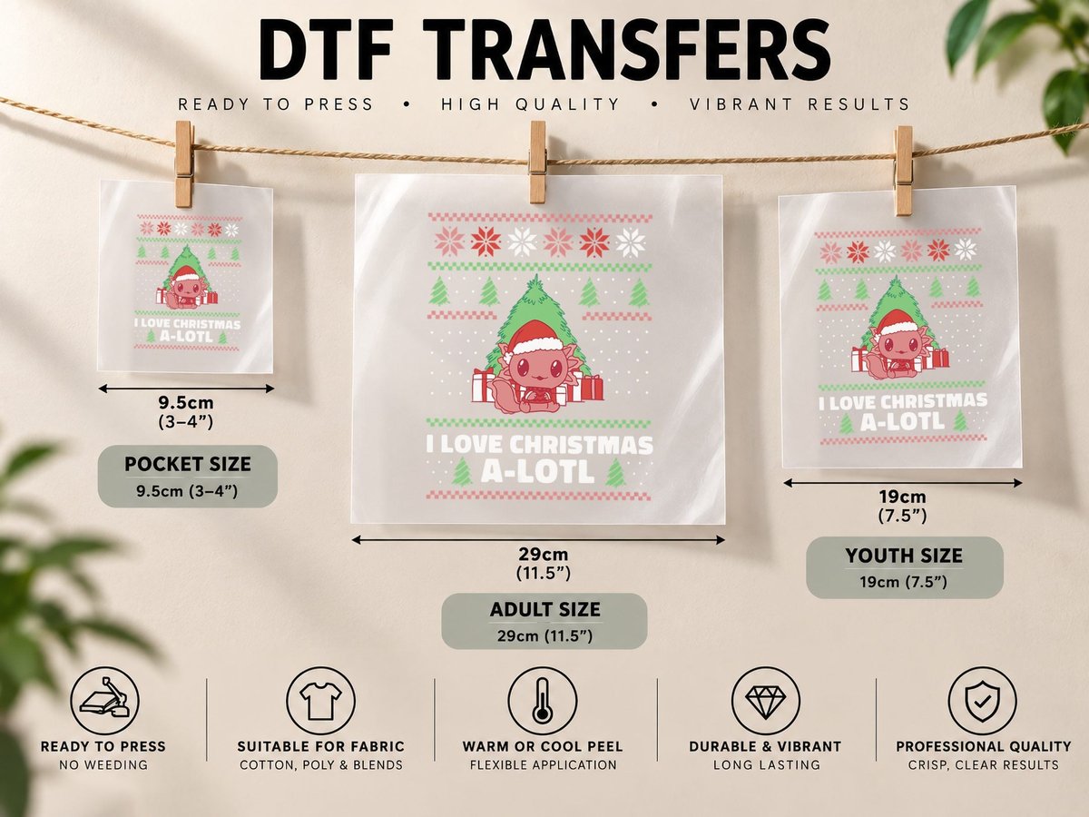 I Love Christmas A-Lotl Axolotl in Santa Hat Ugly DTF Transfer Iron On