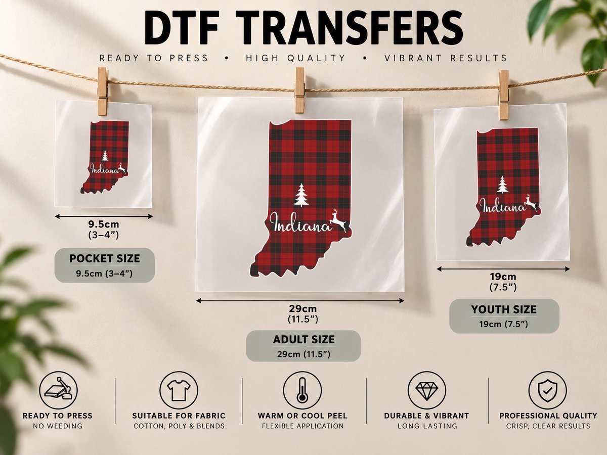 Indiana State Plaid Tree Reindeer Christmas Family Matching DTF Transfer Iron On