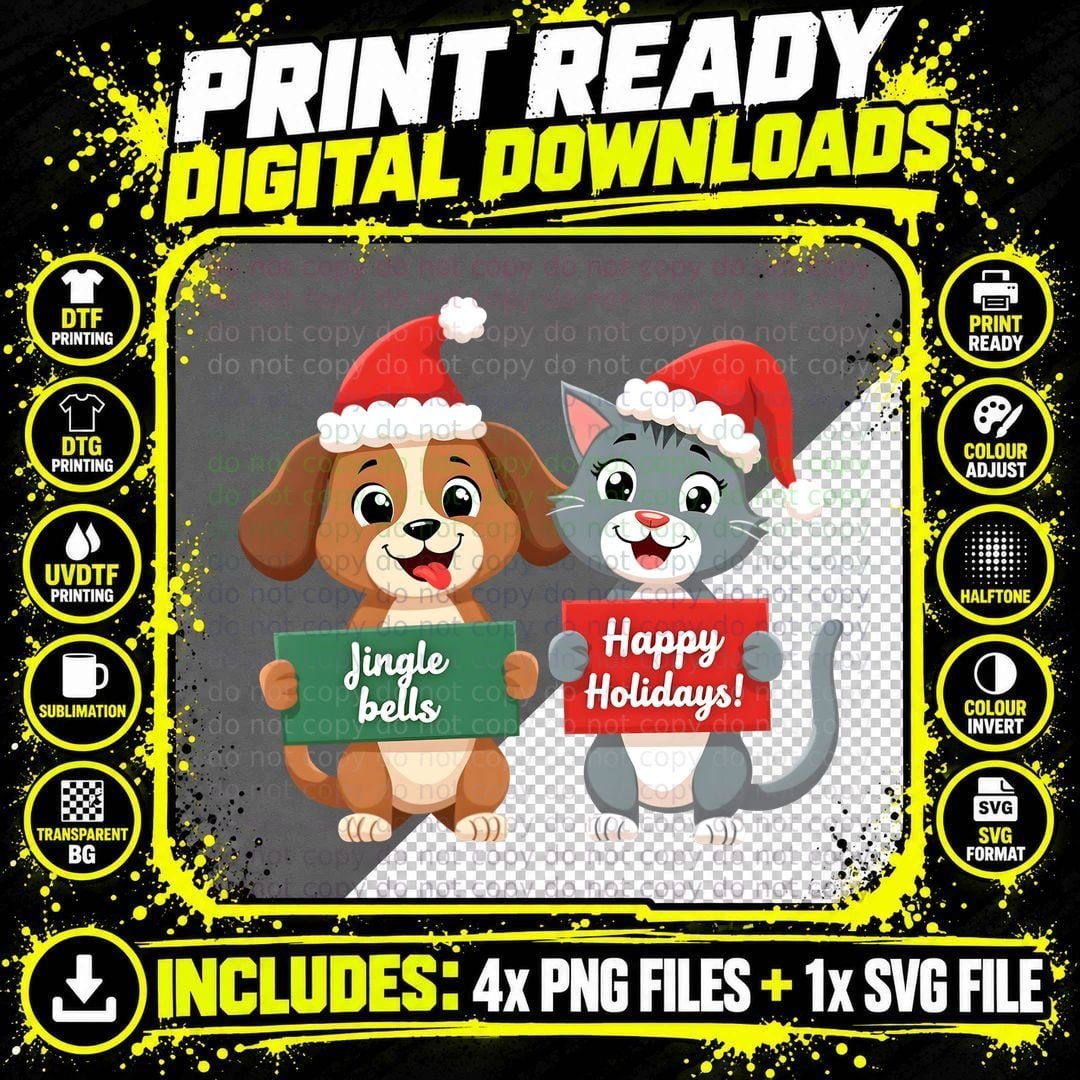 Jingle Bells Dog & Cat, Happy Holidays Santa Christmas Png SVG Digital Bundle