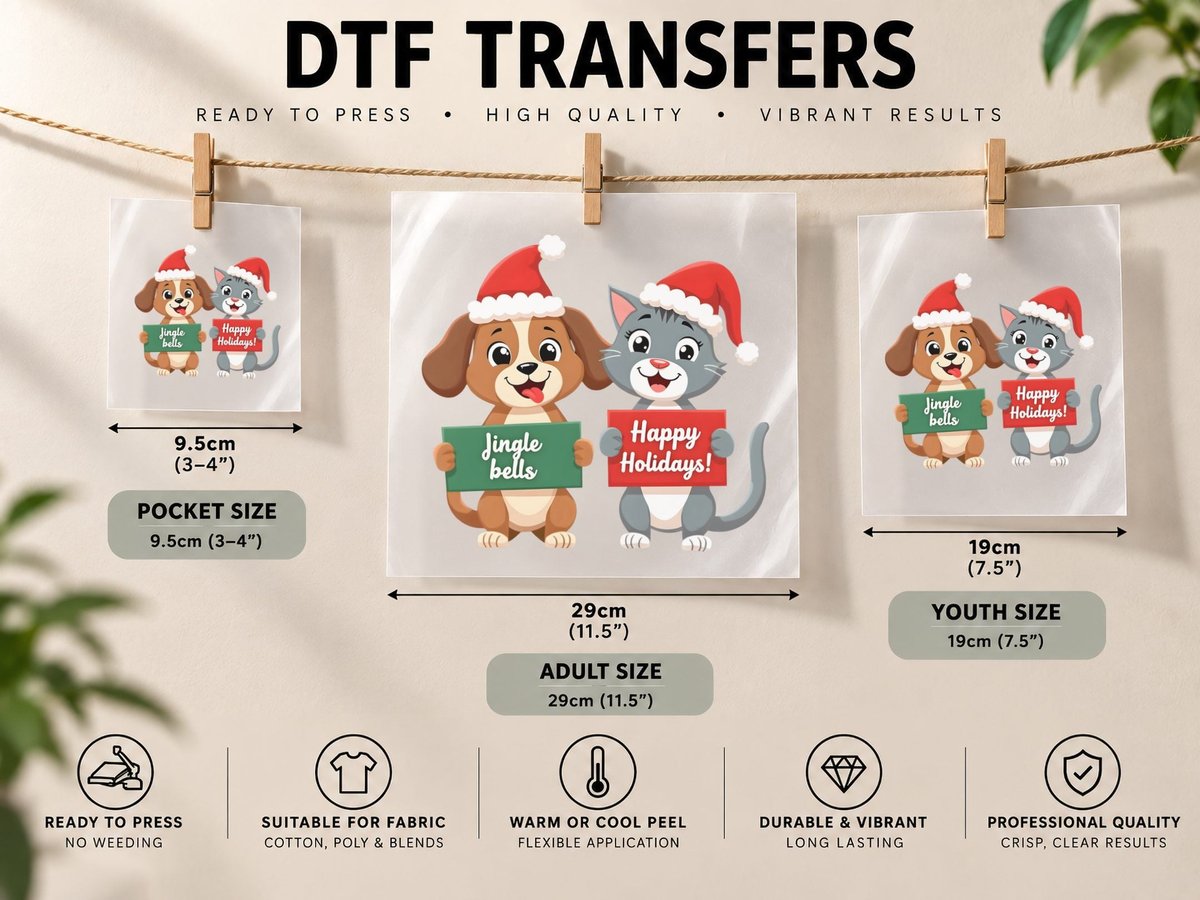Jingle Bells Dog & Cat, Happy Holidays Santa Christmas DTF Transfer Iron On