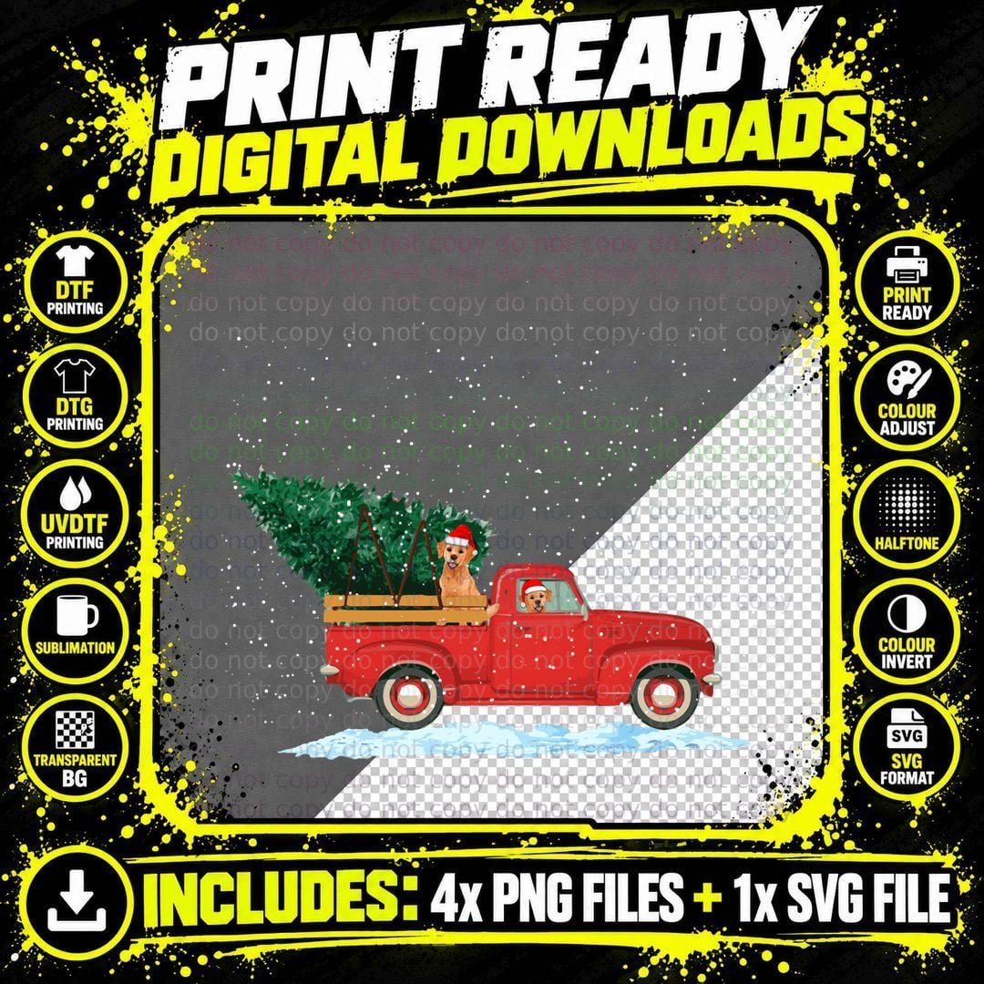 Labrador Retriever Vintage Red Pickup Truck Christmas Png SVG Digital Bundle