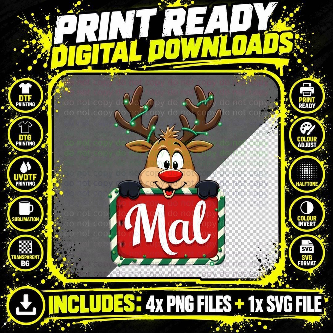 Mal Custom Reindeer Peeking Christmas Lights Happy Kids Png SVG Digital Bundle