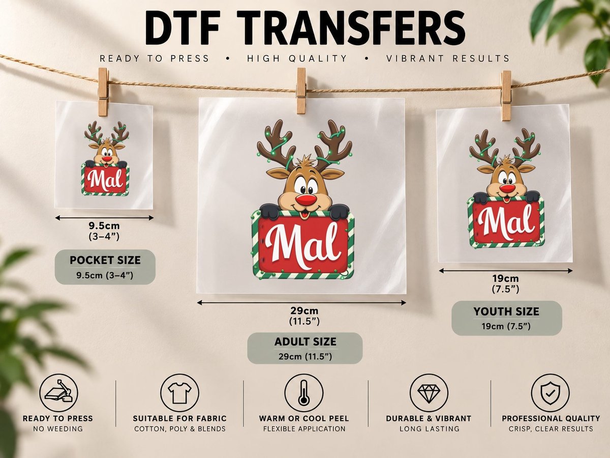 Mal Custom Reindeer Peeking Christmas Lights Happy Kids DTF Transfer Iron On