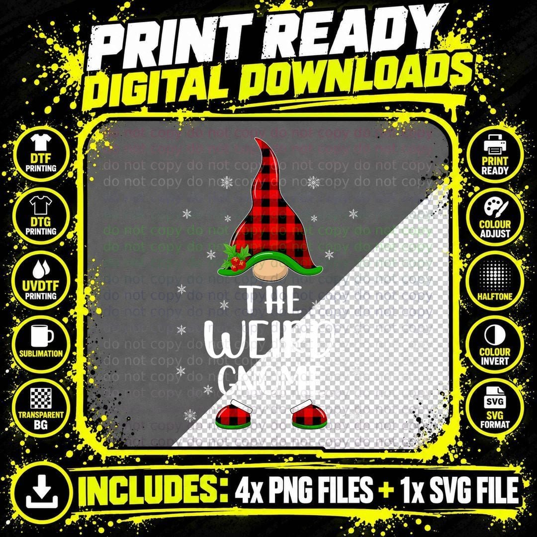 Matching Family Buffalo Plaid the Weird Gnome Christmas Png SVG Digital Bundle