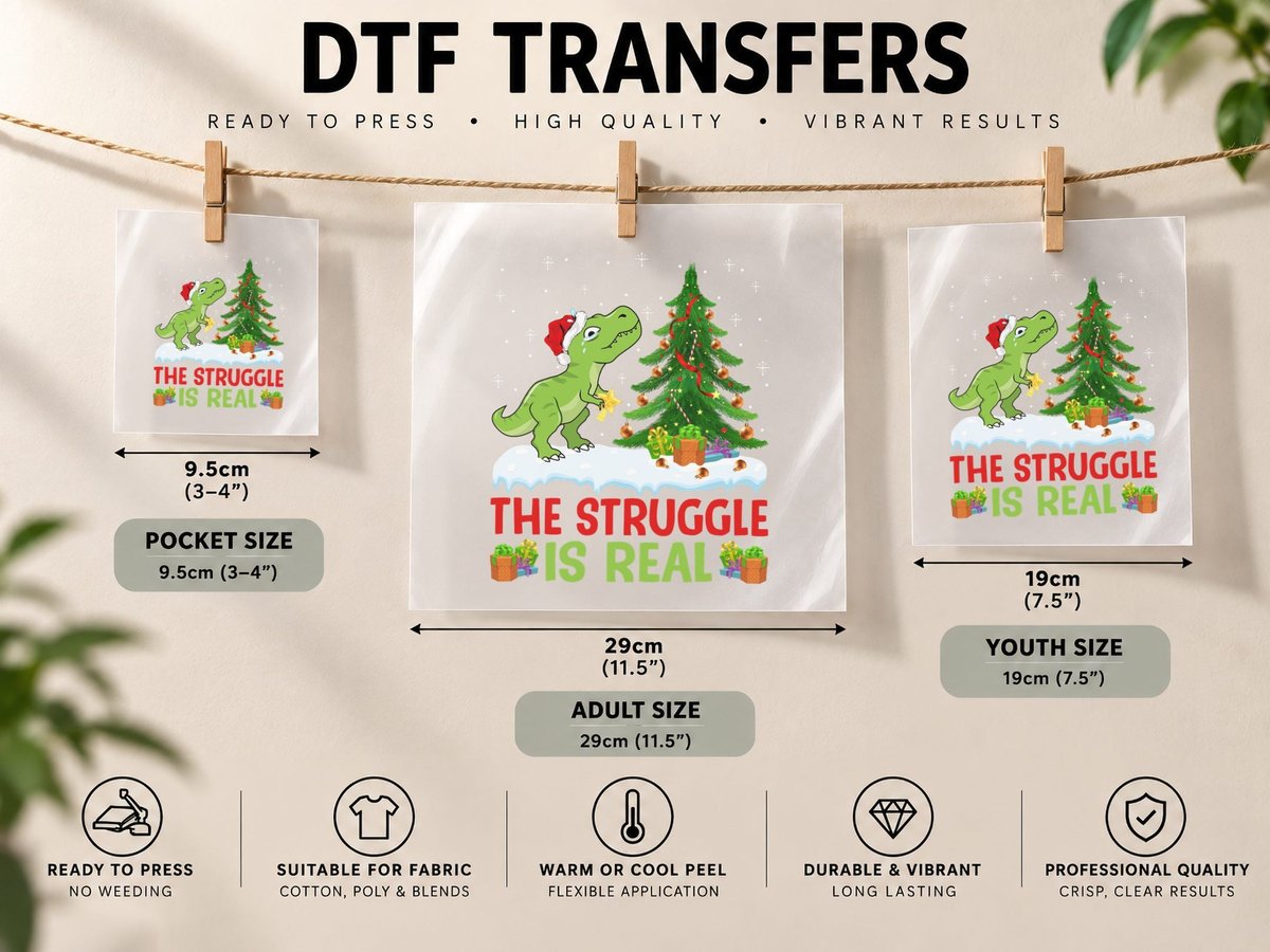 Matching Xmas Tree the Struggle Is Real Dinosaur Christmas DTF Transfer Iron On