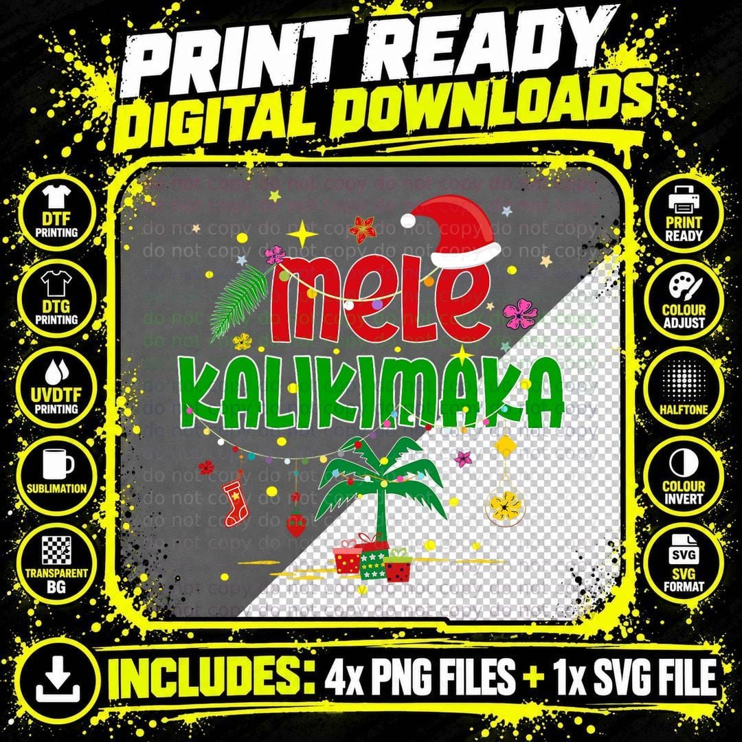 Mele Kalikimaka Hawaiian Christmas Palm Tree Lights Xmas Png SVG Digital Bundle