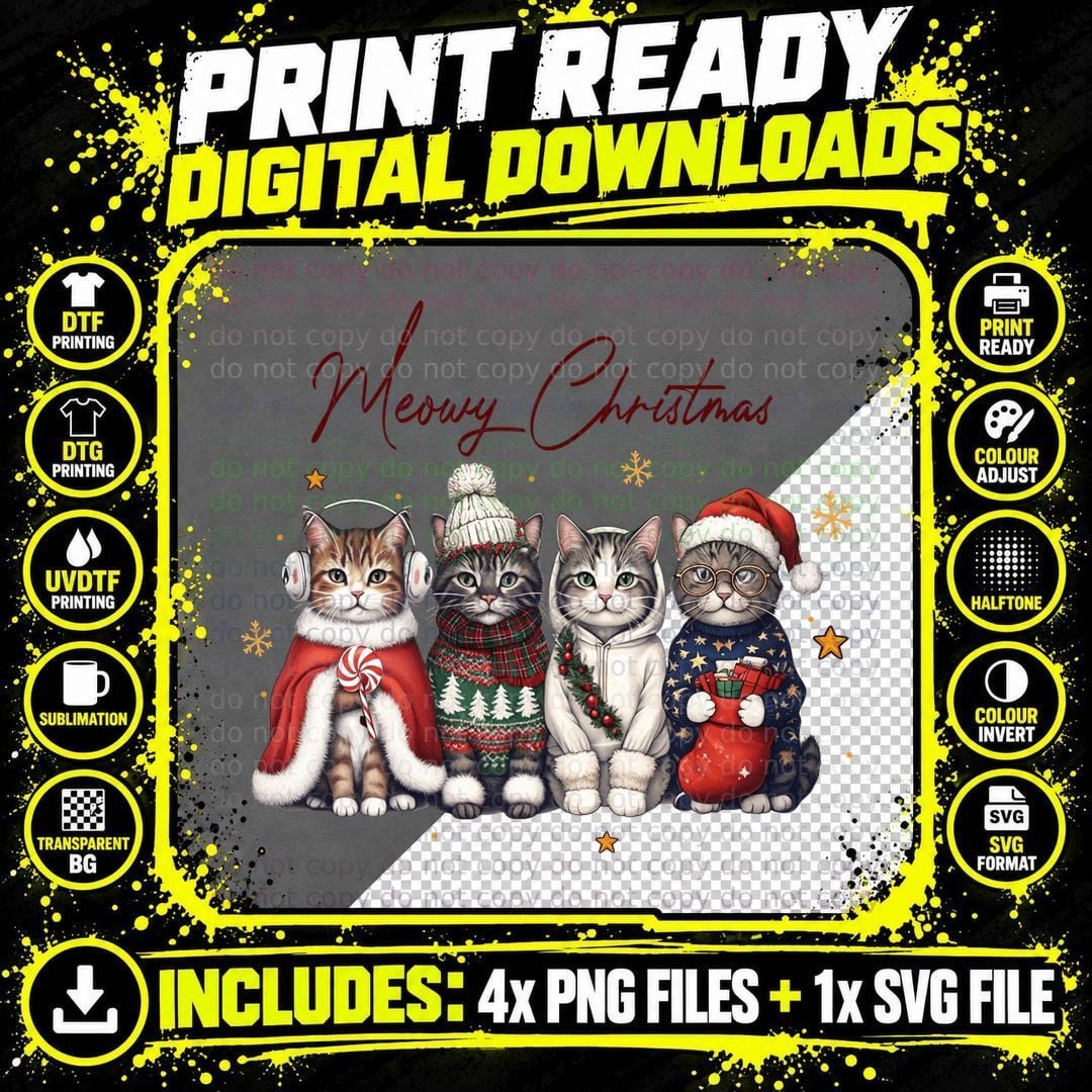 Meowy Christmas Cats in Christmas Outfits Funny Holiday Png SVG Digital Bundle