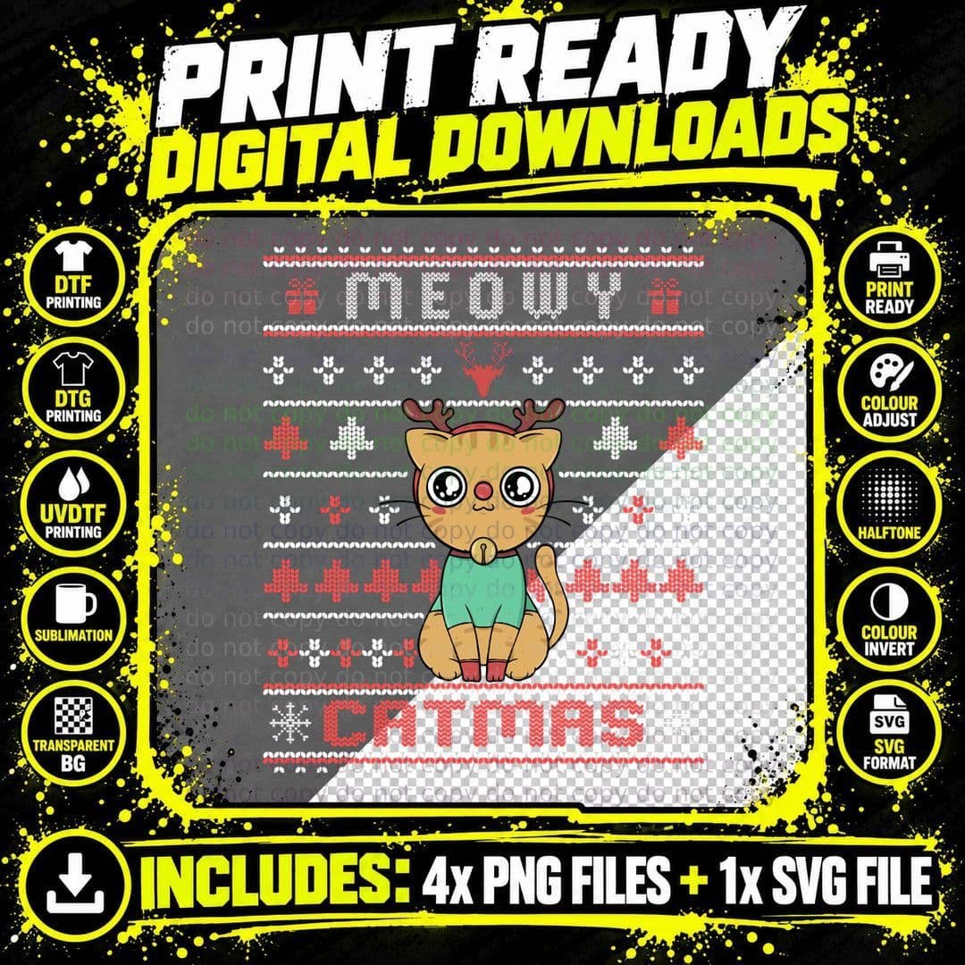 Meowy Merry Catmas - Cute Christmas Cat Ugly Sweater Png SVG Digital Bundle