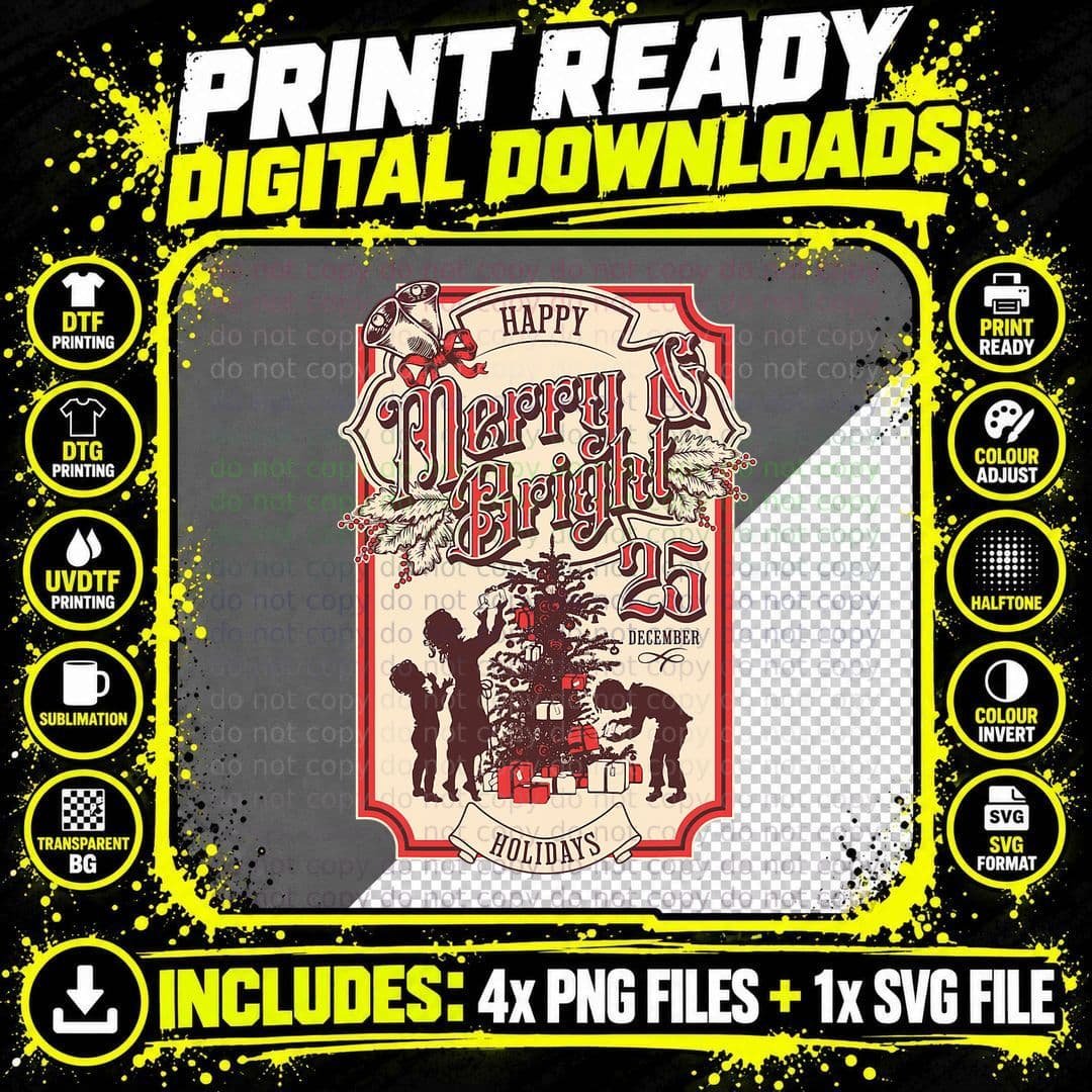 Merry & Bright - Vintage Christmas Retro Holiday Groovy Png SVG Digital Bundle