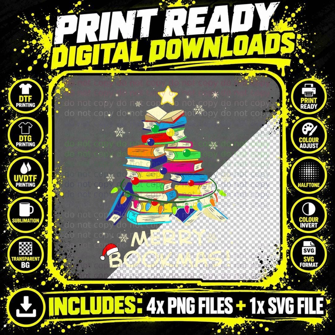 Merry Bookmas Christmas Library Tree Reading Librarian Png SVG Digital Bundle
