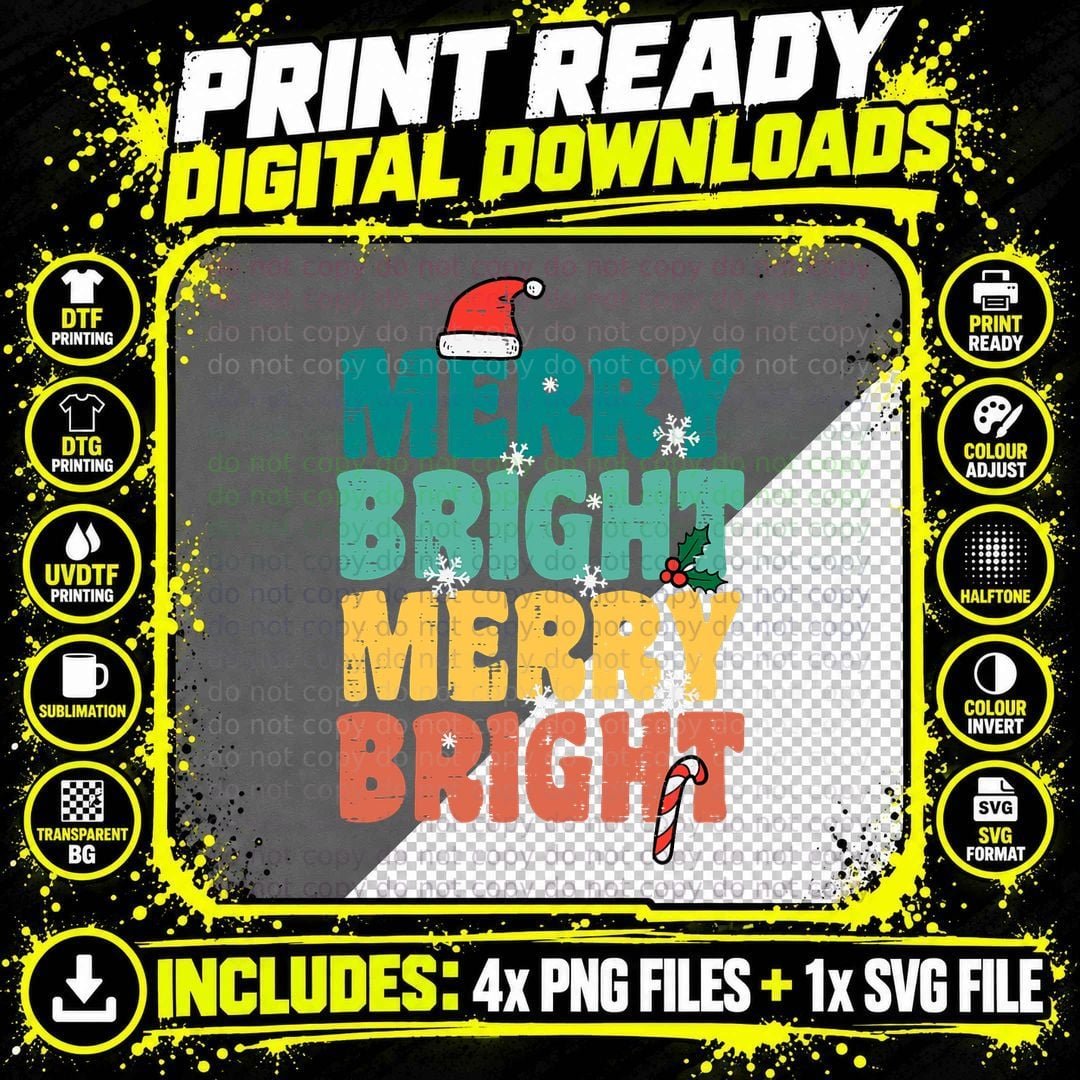 Merry Bright Christmas Retro Groovy Xmas Men Women Kids Png SVG Digital Bundle