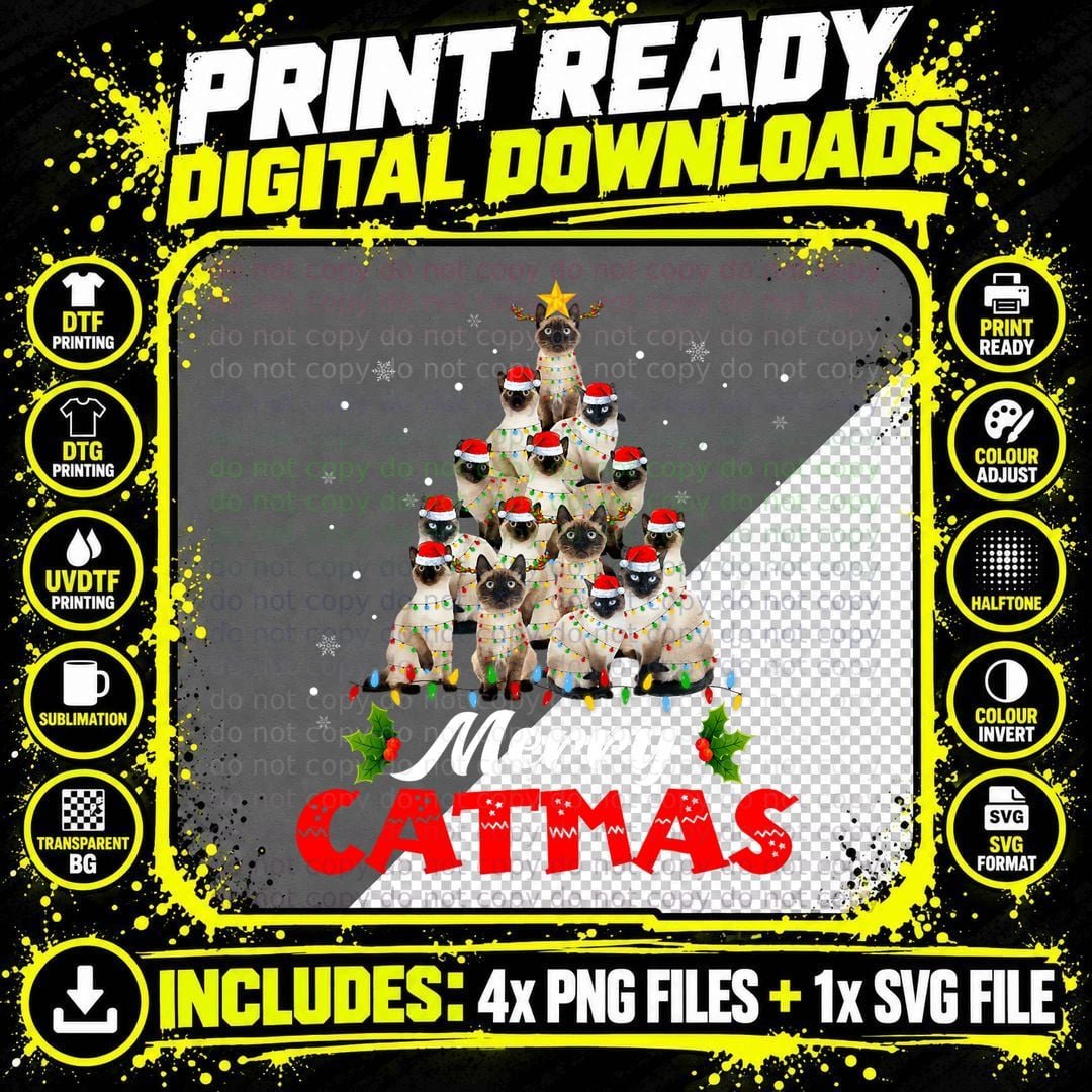 Merry Catmas Santa Siamese Cat Christmas Tree Png SVG Digital Bundle