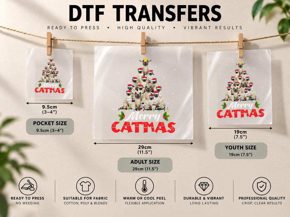 Merry Catmas Santa Siamese Cat Christmas Tree Decorations DTF Transfer Iron On
