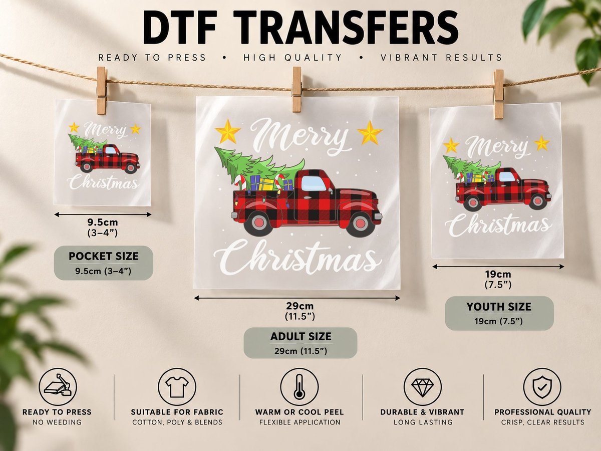 Merry Christmas Buffalo Plaid, Red Truck Tree Pajama DTF Transfer Iron On