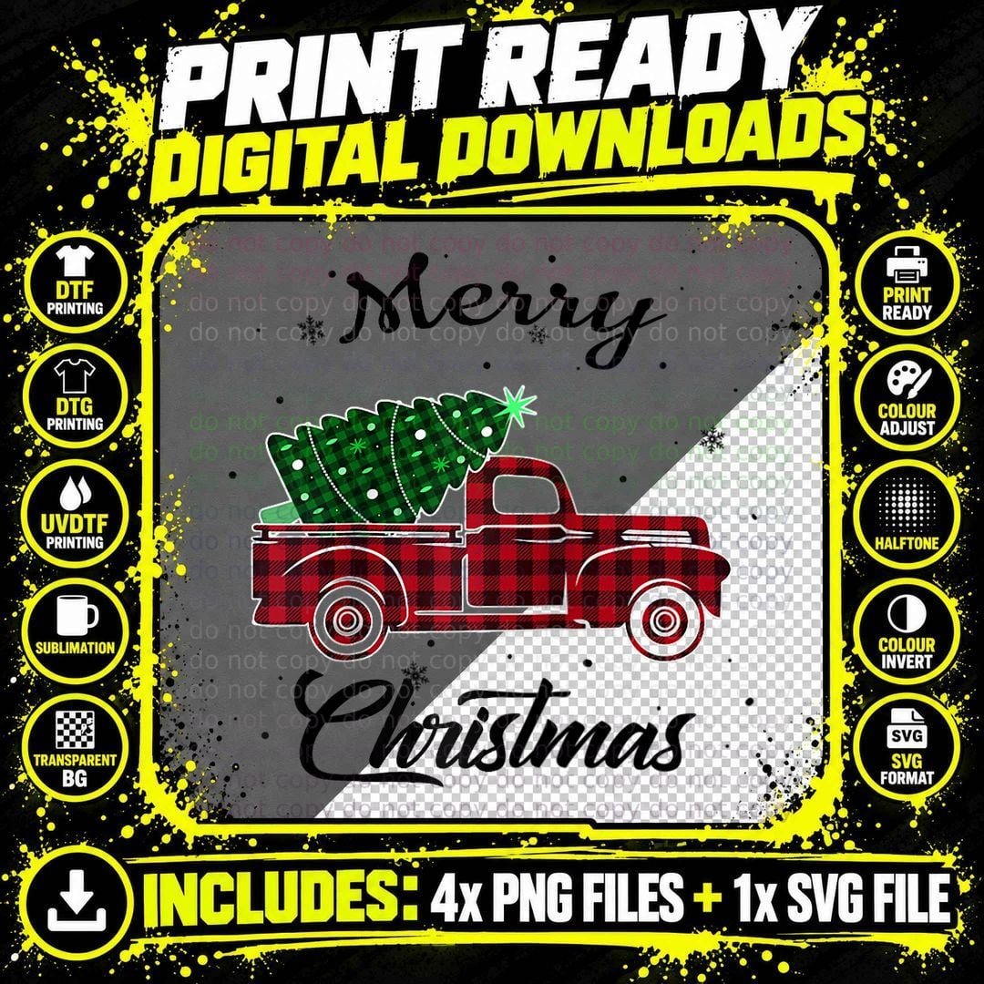 Merry Christmas Buffalo Truck Tree Red Plaid for Men Png SVG Digital Bundle