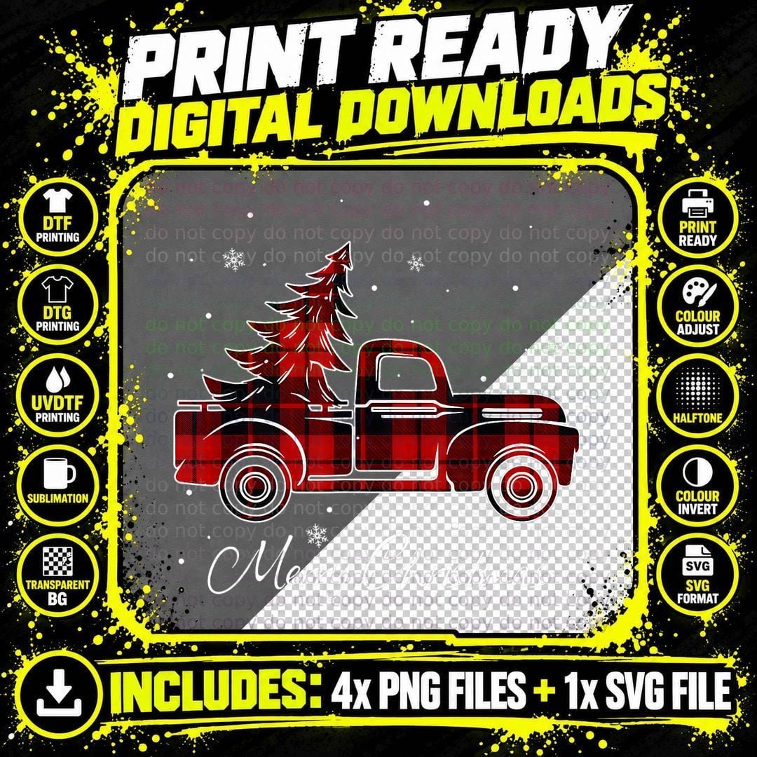 Merry Christmas Buffalo Truck Tree Red Plaid for Men Png SVG Digital Bundle