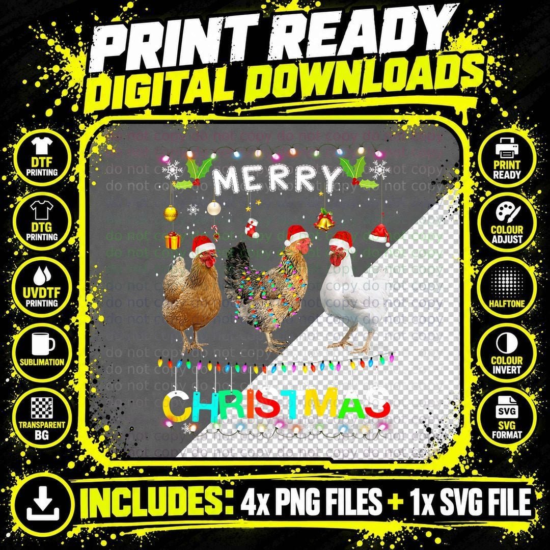Merry Christmas Chicken Shirt Santa Hat Lights Xmas Png SVG Digital Bundle