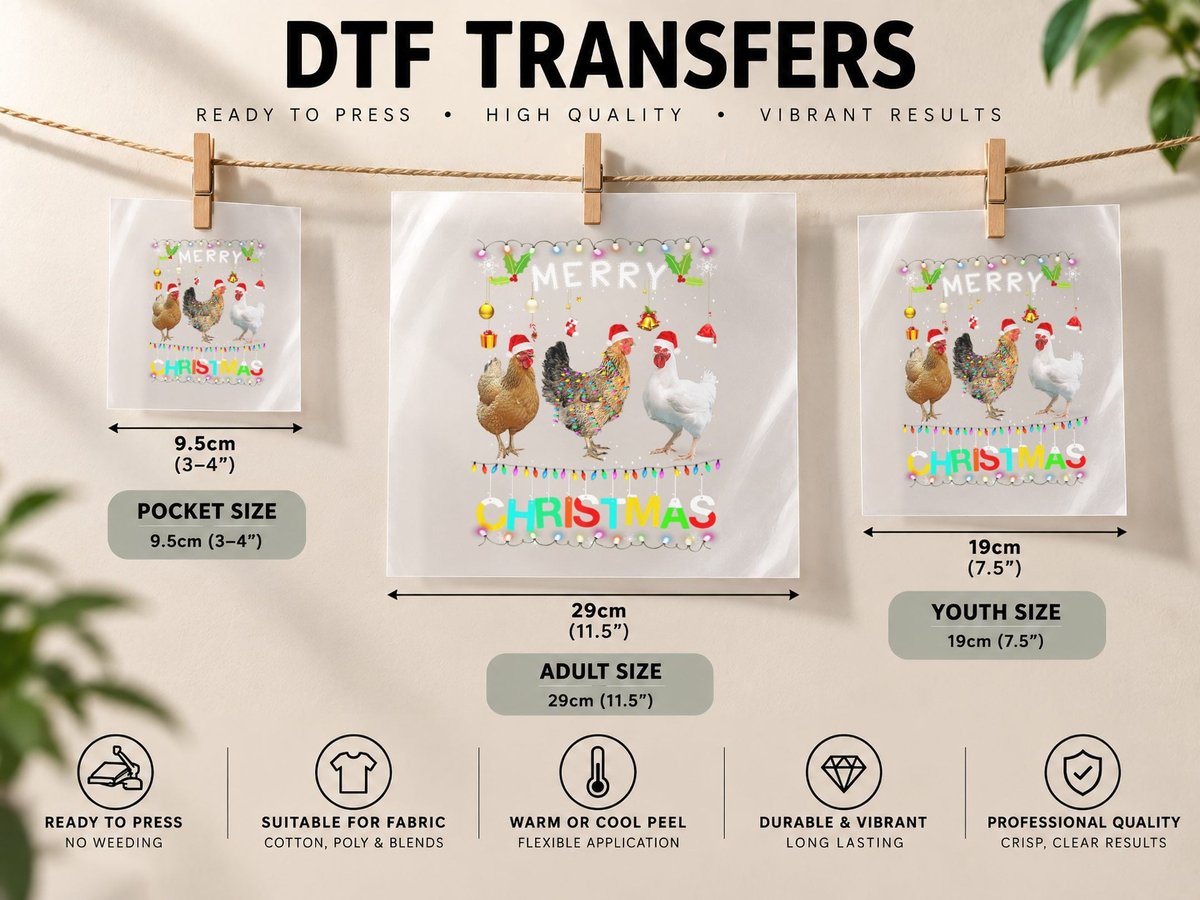 Merry Christmas Chicken Santa Hat Lights Xmas Funny DTF Transfer Iron On