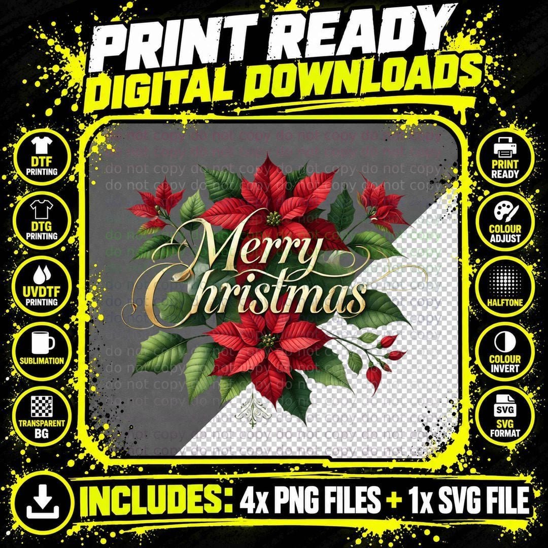Merry Christmas Gold Script with Poinsettia Floral Png SVG Digital Bundle
