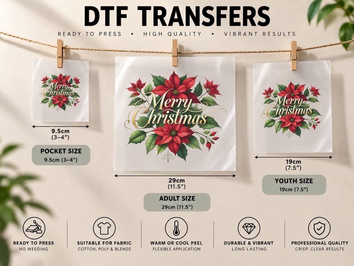 Merry Christmas Gold Script with Poinsettia Floral Wreath DTF Transfer Iron On
