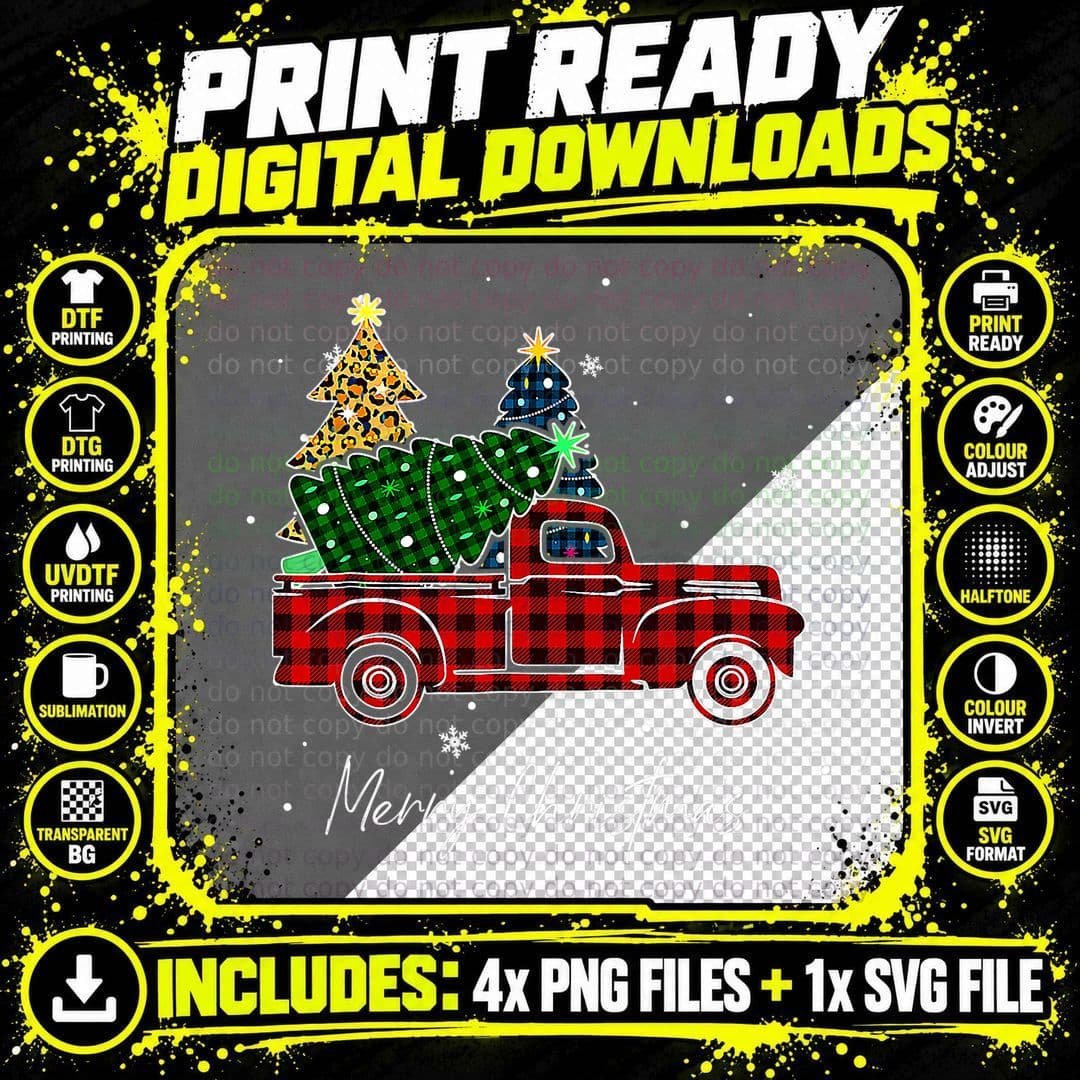 Merry Christmas Leopard Buffalo Truck Tree Red Plaid Png SVG Digital Bundle