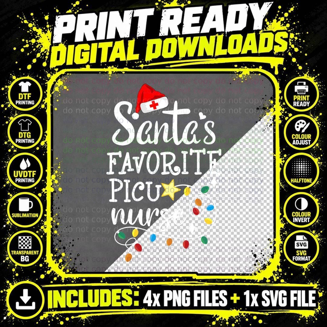 Merry Christmas Nurse Crew RN Santa's Favorite PICU Png SVG Digital Bundle