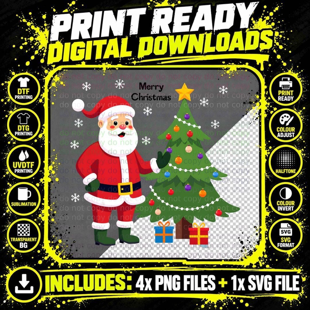 Merry Christmas Santa Claus Cartoon Xmas Tree Snowflakes Png SVG Digital Bundle