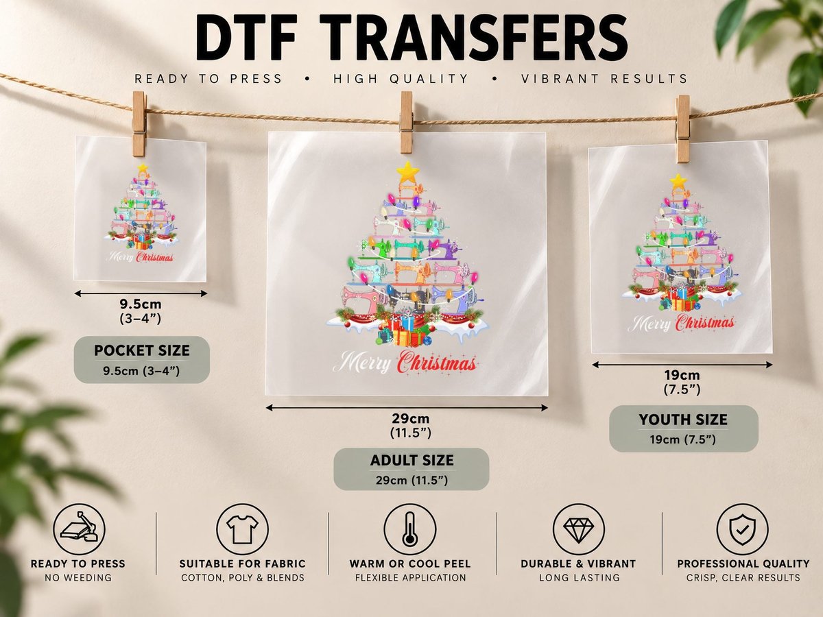 Merry Christmas Sewing Machines Xmas Tree Lights Quilters DTF Transfer Iron On