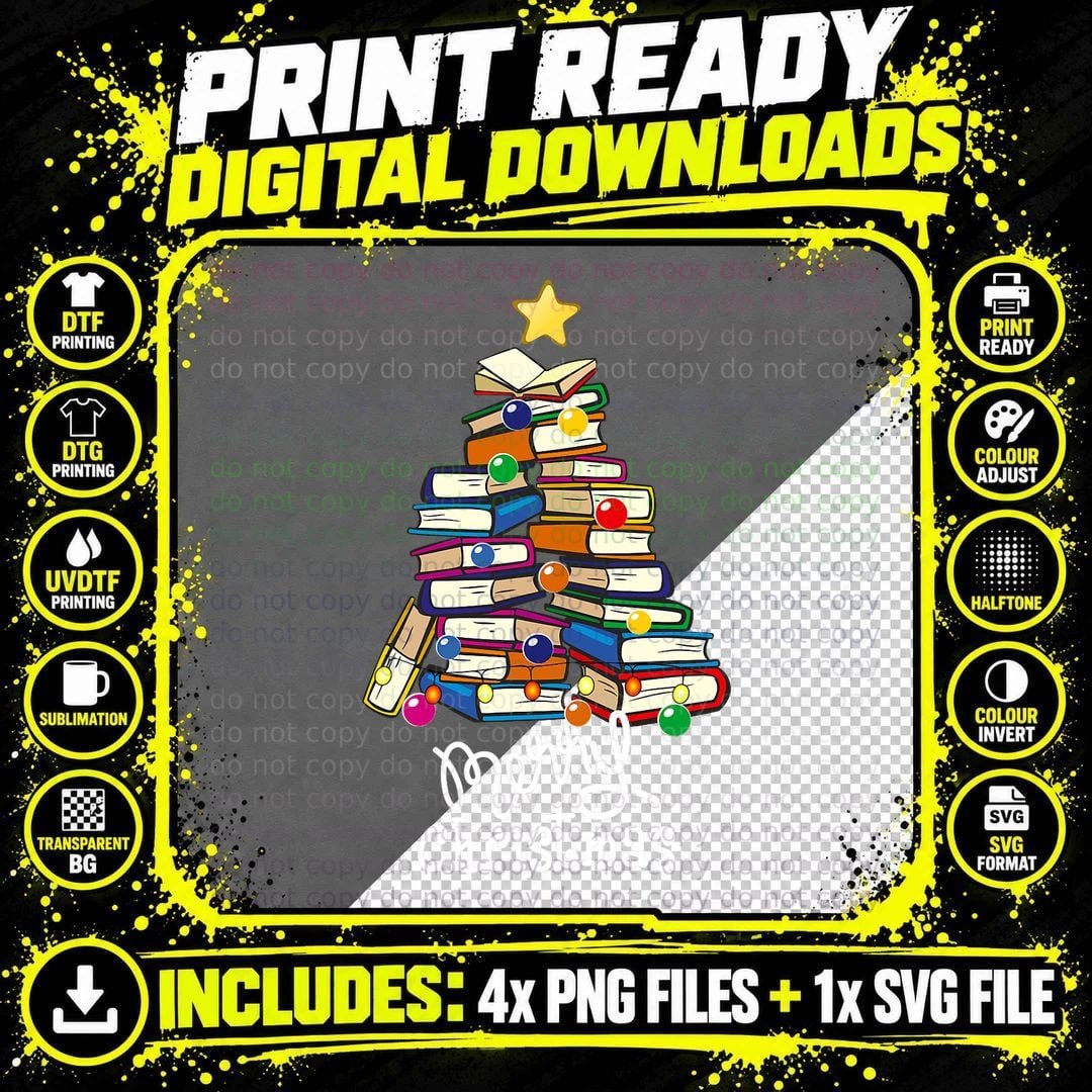 Merry Christmas Tree Love Reading Books Librarian Nerd1 Png SVG Digital Bundle