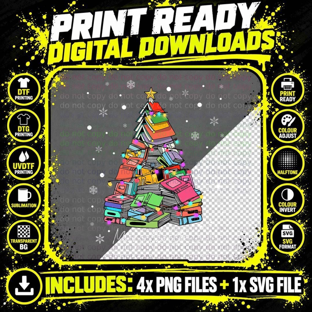 Merry Christmas Tree Love Reading Books Librarian Xmas Png SVG Digital Bundle