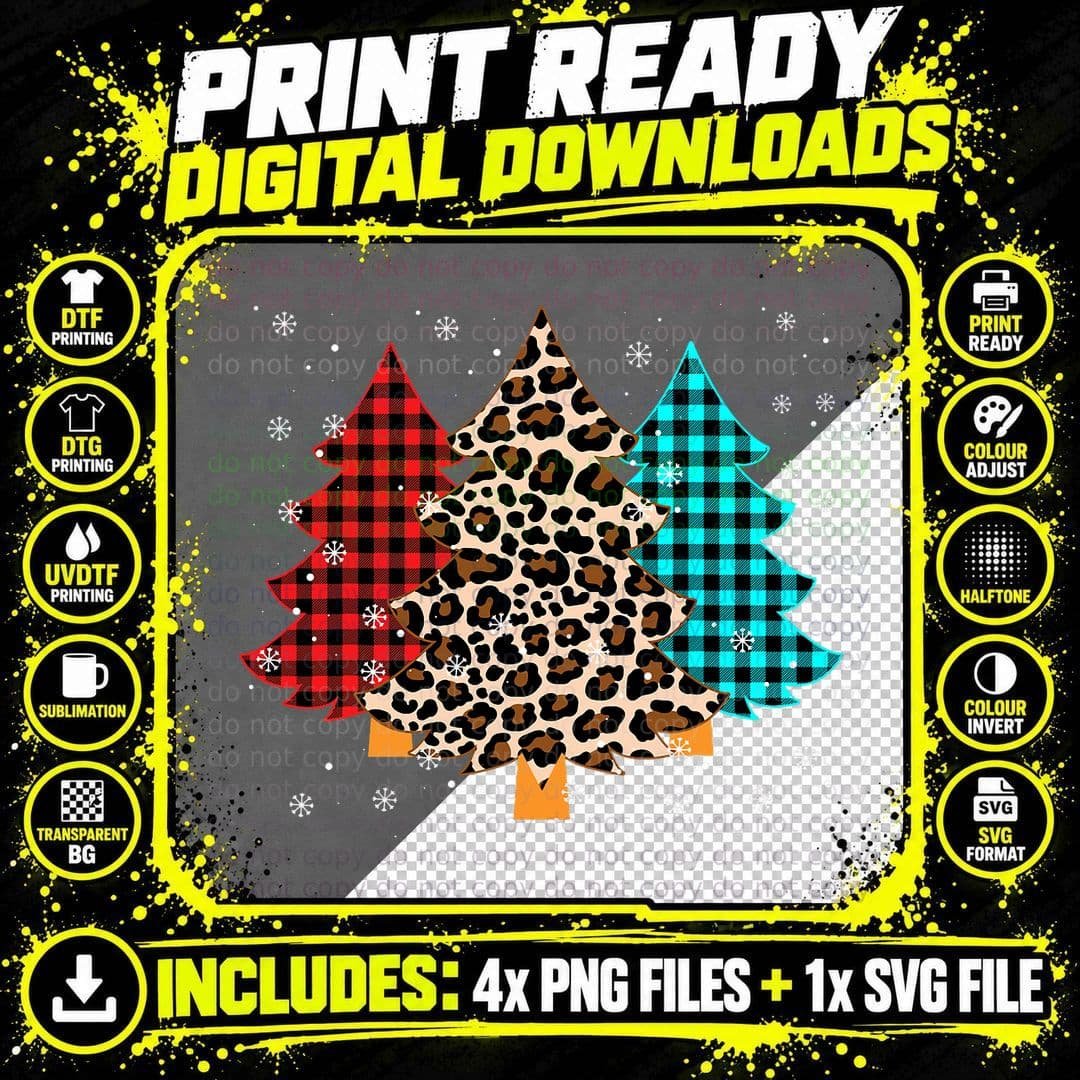 Merry Christmas Trees with Leopard & Plaid Print T-Shirt Png SVG Digital Bundle