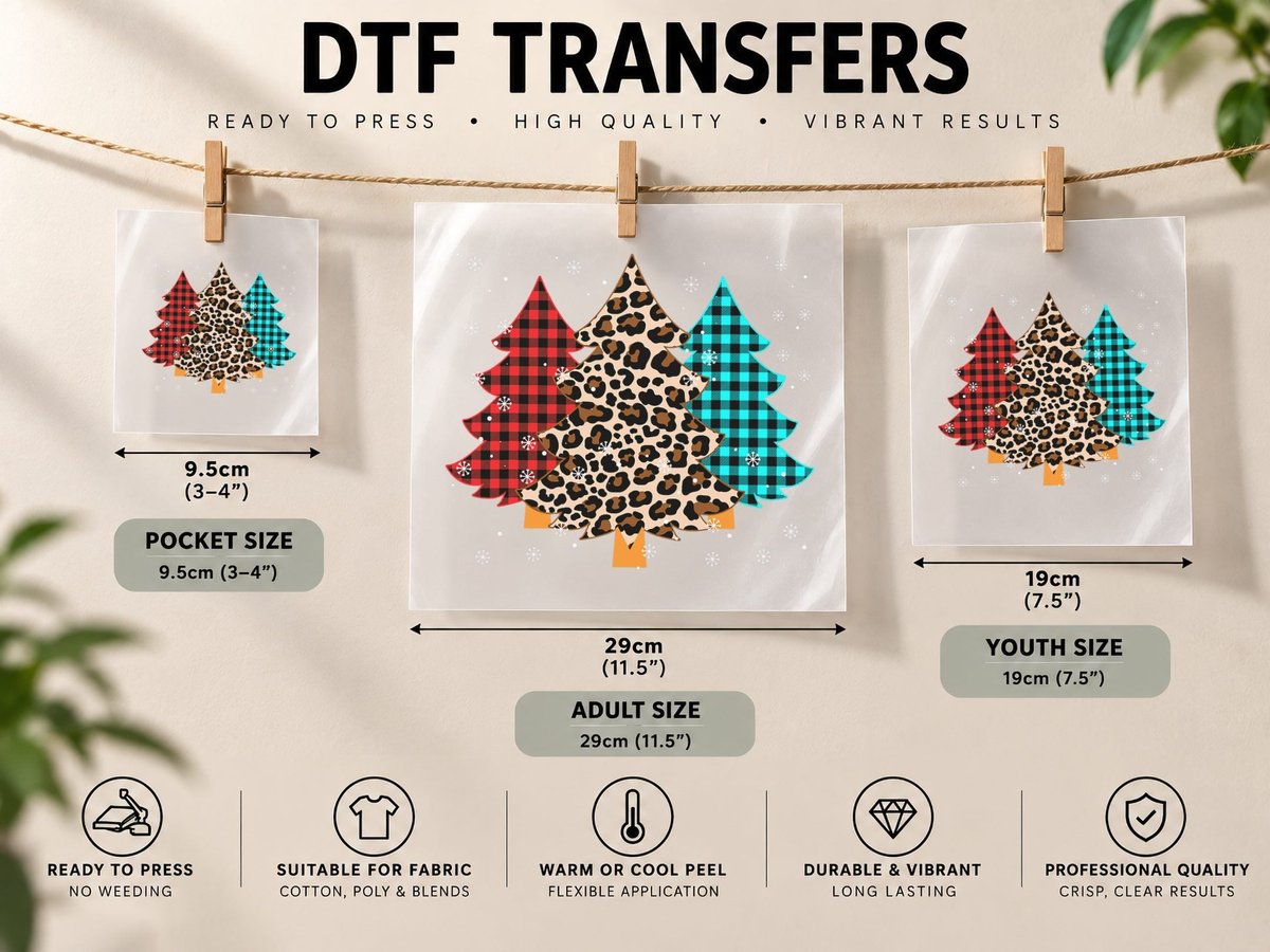 Merry Christmas Trees with Leopard & Plaid Print DTF Transfer Iron On