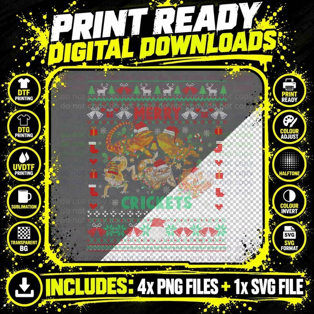 Merry Crickets Bearded Dragon Ugly Christmas Sweater Png SVG Digital Bundle